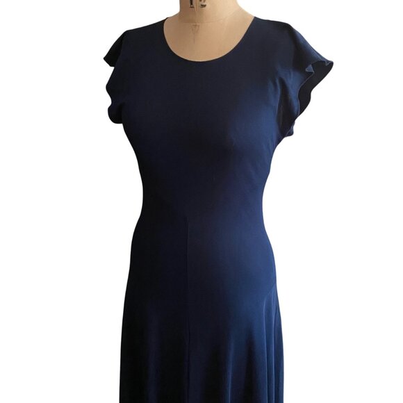 Vintage maxi dress, navy clue, ley hole  back, flutter sleeves, M - Picture 6 of 13